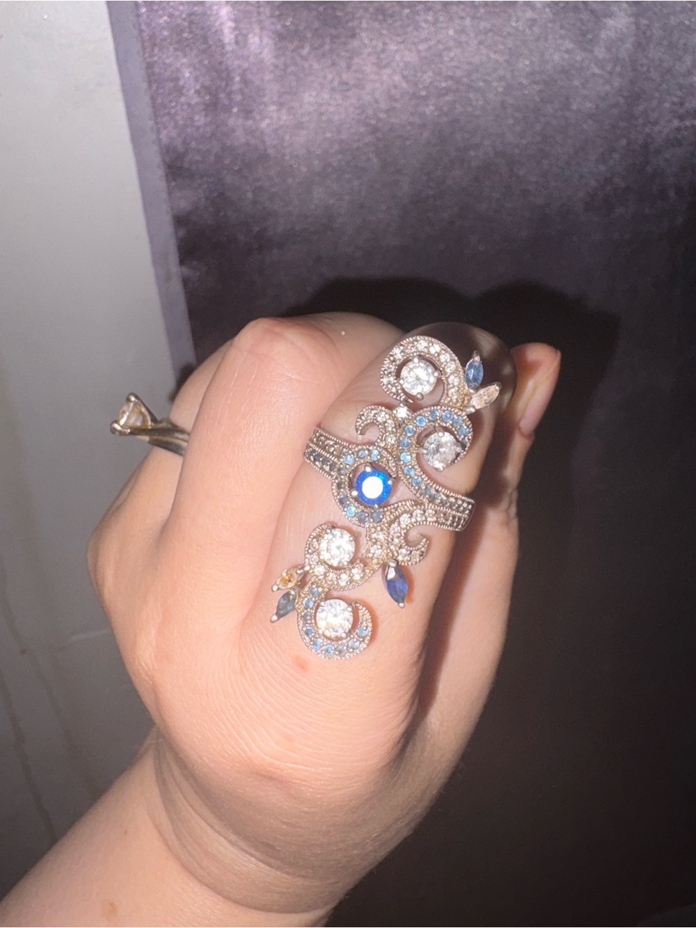 925 Crystal and Blue Stone Filigree Statement Ring - Women Jewelry